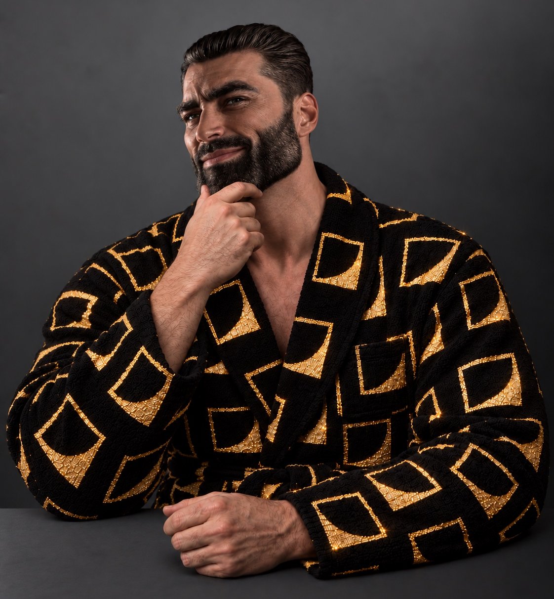 Bearded man in a black shawl-collar robe covered in a repeating gold e/acc mark, stroking his chin