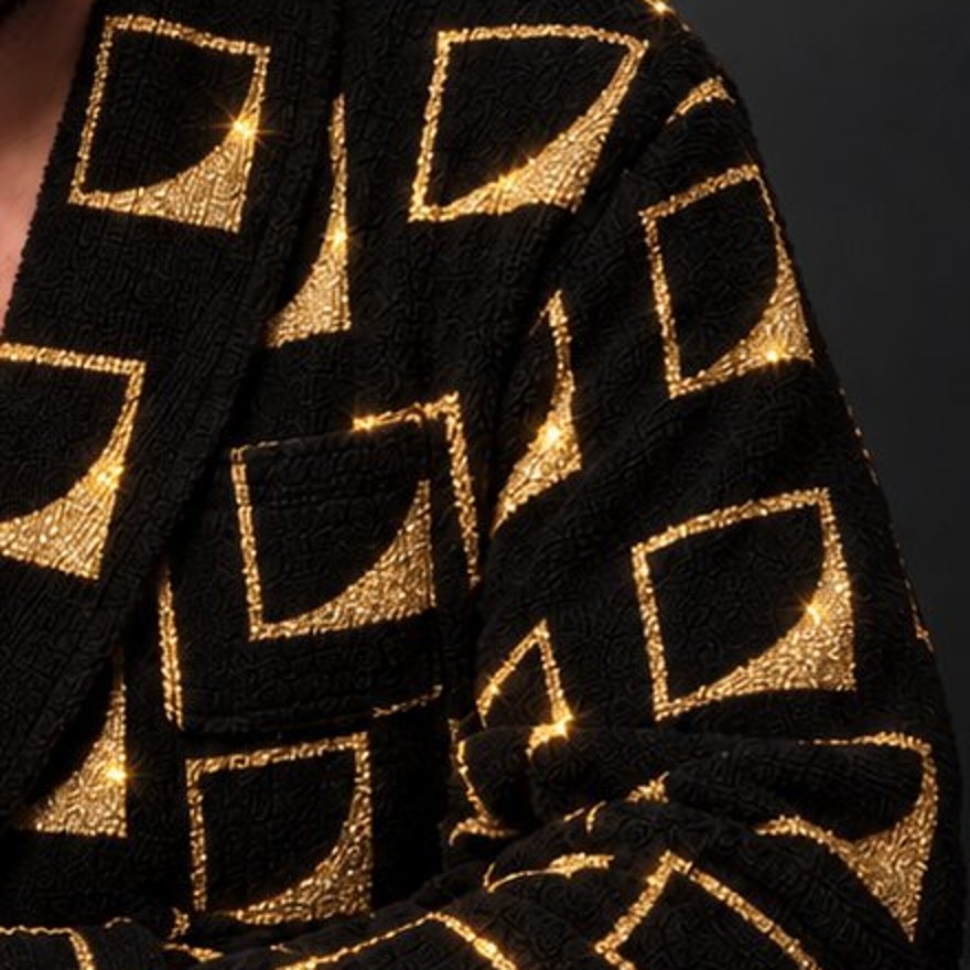 Close-up of the gold e/acc mark pattern on black fabric